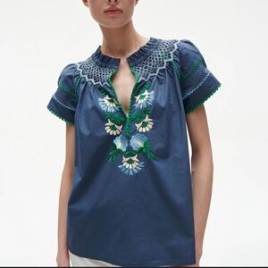 FIGUE Rosie Embroidered Top Women’s L Blue Slate Navy Smocked Cotton Feminine
